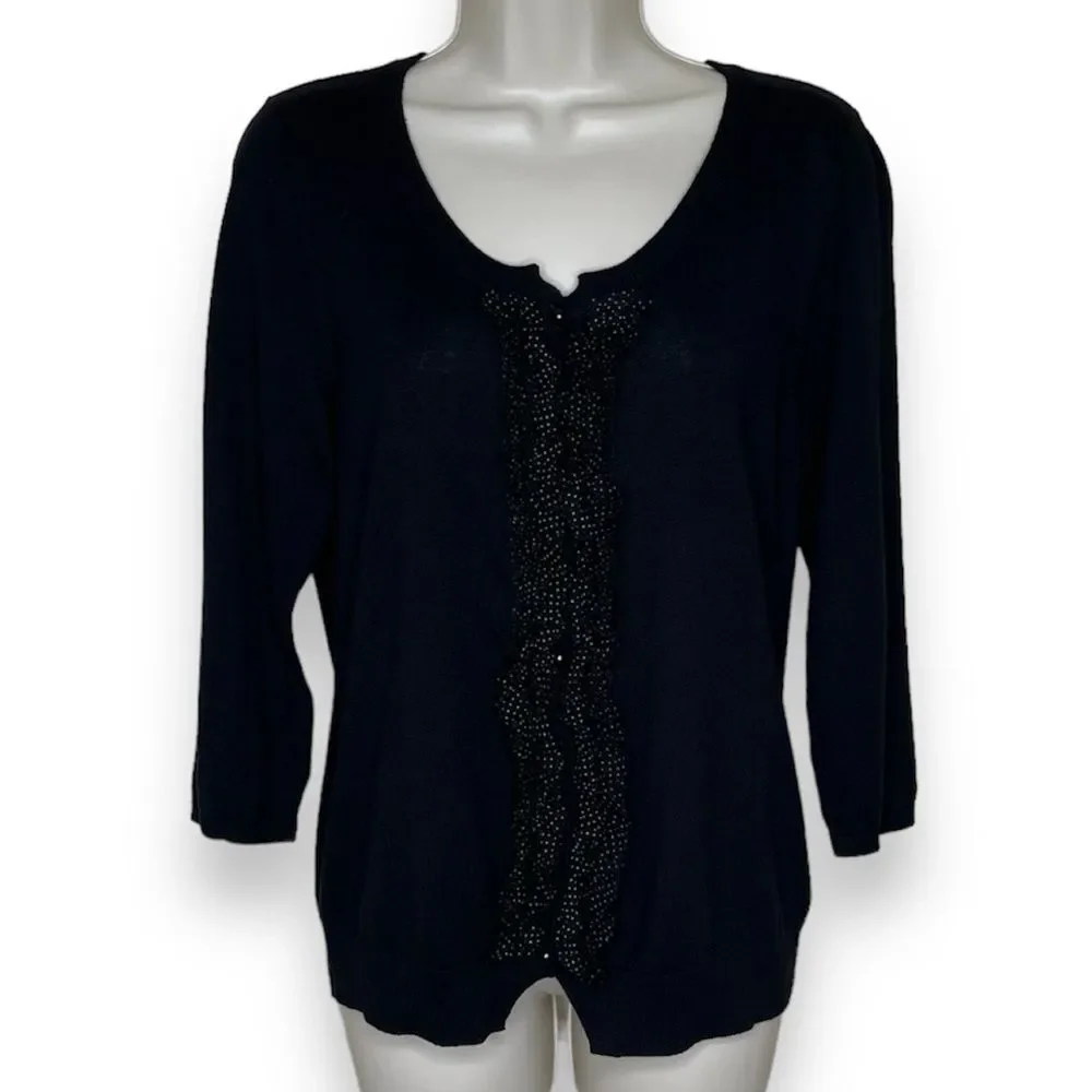 Talbots Silk Blend Button Front Polka Dot Ruffle Black Cardigan Womens Medium